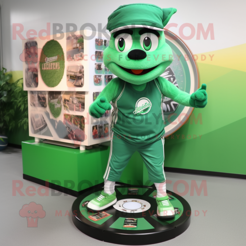 Forest Green Plate Spinner mascot costume character dressed with a Joggers and Anklets Forest Green Plate Spinner mascot costume character dressed with a Joggers and Anklets