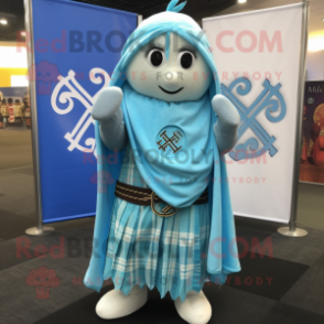Sky Blue Celtic Cross mascot costume character dressed with a Flannel Shirt and Shawl pins