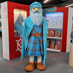 Sky Blue Celtic Cross mascot costume character dressed with a Flannel Shirt and Shawl pins