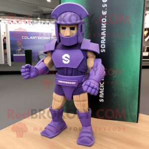 Lavender Spartan Soldier mascot costume character dressed with a Playsuit and Bracelets