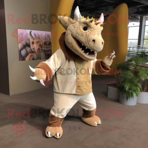 Beige Triceratops mascot costume character dressed with a Corduroy Pants and Foot pads