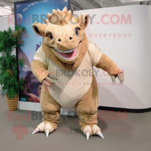 Beige Triceratops mascot costume character dressed with a Corduroy Pants and Foot pads