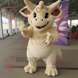 Beige Triceratops mascot costume character dressed with a Corduroy Pants and Foot pads