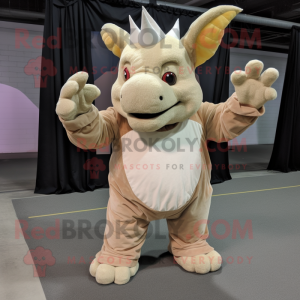 Beige Triceratops mascot costume character dressed with a Corduroy Pants and Foot pads
