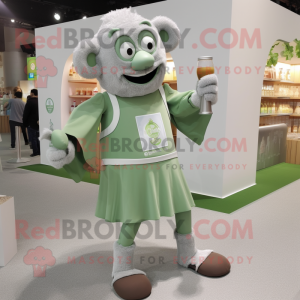 Gray Green Beer mascot costume character dressed with a Romper and Foot pads