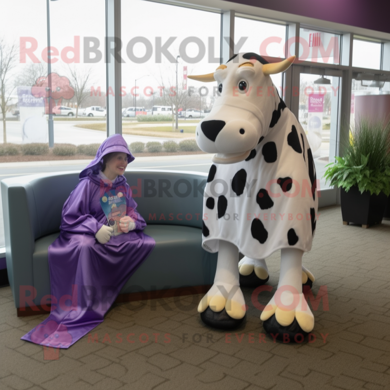 Lavender Holstein Cow mascot costume character dressed with a Cover-up and Watches