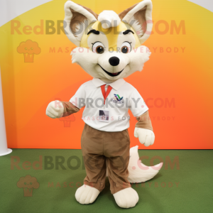 Beige Fox mascot costume character dressed with a Polo Tee and Hair clips