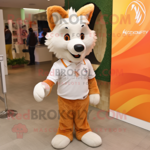 Beige Fox mascot costume character dressed with a Polo Tee and Hair clips