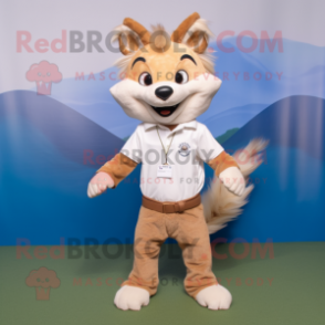 Beige Fox mascot costume character dressed with a Polo Tee and Hair clips