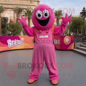 Pink Paella mascot costume character dressed with a Jumpsuit and Bracelets