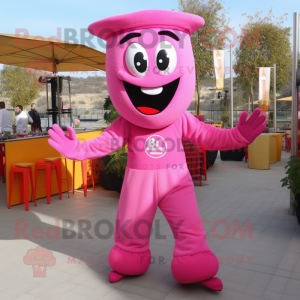Pink Paella mascot costume character dressed with a Jumpsuit and Bracelets