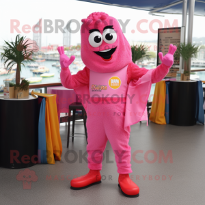 Pink Paella mascot costume character dressed with a Jumpsuit and Bracelets