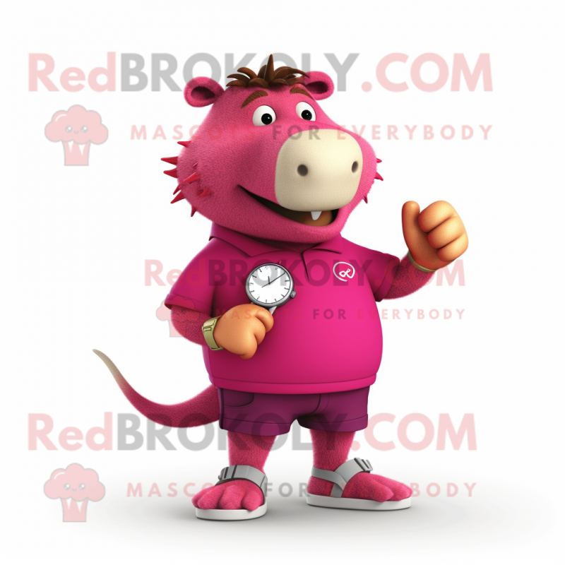 Magenta Capybara mascot costume character dressed with a Shorts and Bracelet watches Magenta Capybara mascot costume character dressed with a Shorts and Bracelet watches