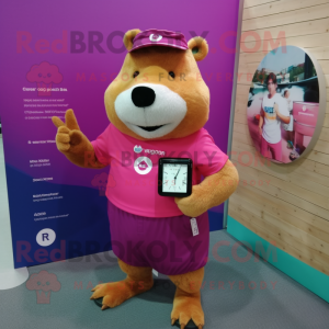 Magenta Capybara mascot costume character dressed with a Shorts and Bracelet watches