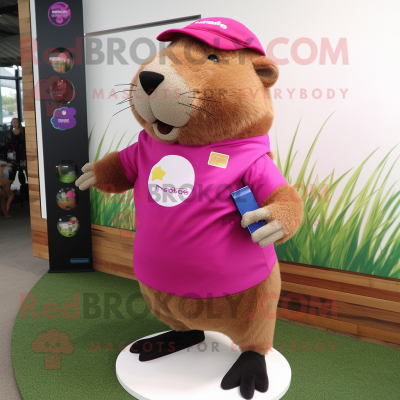 Magenta Capybara mascot costume character dressed with a Shorts and Bracelet watches