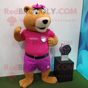 Magenta Capybara mascot costume character dressed with a Shorts and Bracelet watches