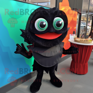 Black Fish Tacos mascot costume character dressed with a Turtleneck and Clutch bags