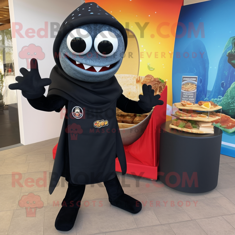 Black Fish Tacos mascot costume character dressed with a Turtleneck and Clutch bags Black Fish Tacos mascot costume character dressed with a Turtleneck and Clutch bags