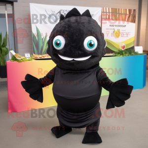 Black Fish Tacos mascot costume character dressed with a Turtleneck and Clutch bags