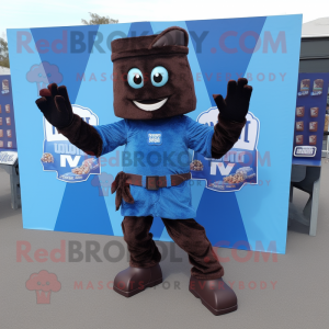 Blue Chocolate Bars mascot costume character dressed with a Mom Jeans and Gloves