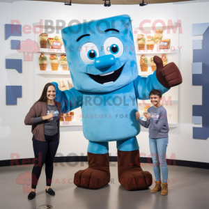 Blue Chocolate Bars mascot costume character dressed with a Mom Jeans and Gloves