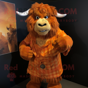 Orange Minotaur mascot costume character dressed with a Button-Up Shirt and Shawl pins