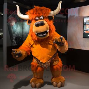 Orange Minotaur mascot costume character dressed with a Button-Up Shirt and Shawl pins