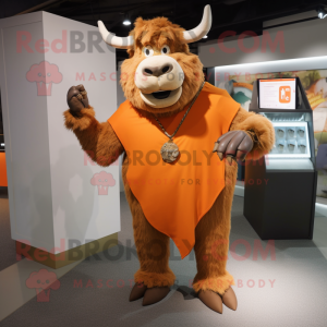 Orange Minotaur mascot costume character dressed with a Button-Up Shirt and Shawl pins