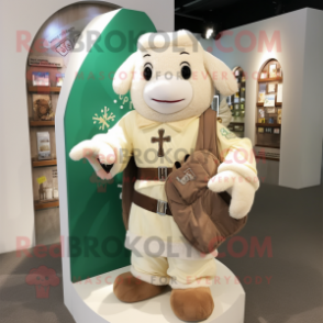 Cream Celtic Cross mascot costume character dressed with a Romper and Messenger bags