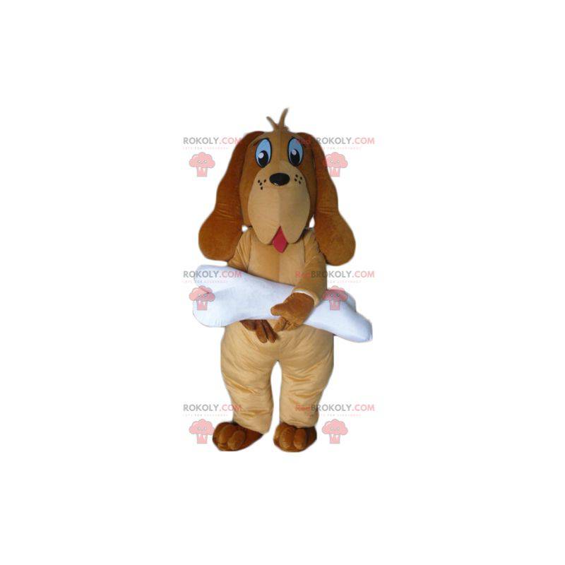 Brun hundemaskot med en kæmpe hvid knogle - Redbrokoly.com