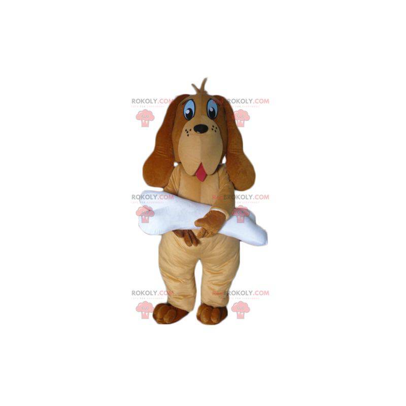 Mascotte de chien marron avec un os blanc géant - Redbrokoly.com