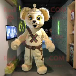 Cream Celtic Cross mascot costume character dressed with a Romper and Messenger bags