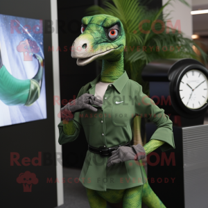 Forest Green Velociraptor mascot costume character dressed with a Dress and Digital watches