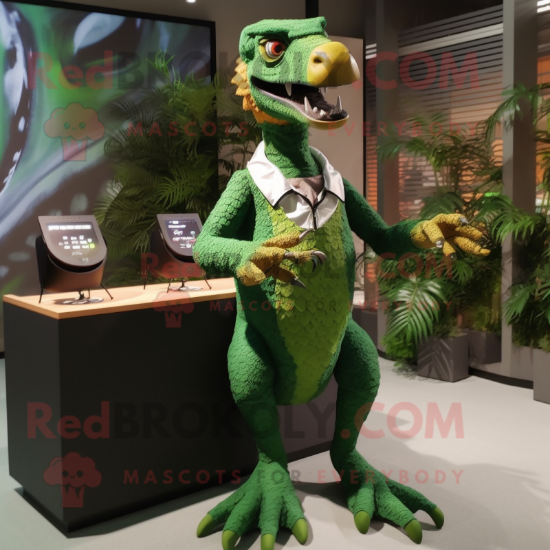 Forest Green Velociraptor mascot costume character dressed with a Dress and Digital watches