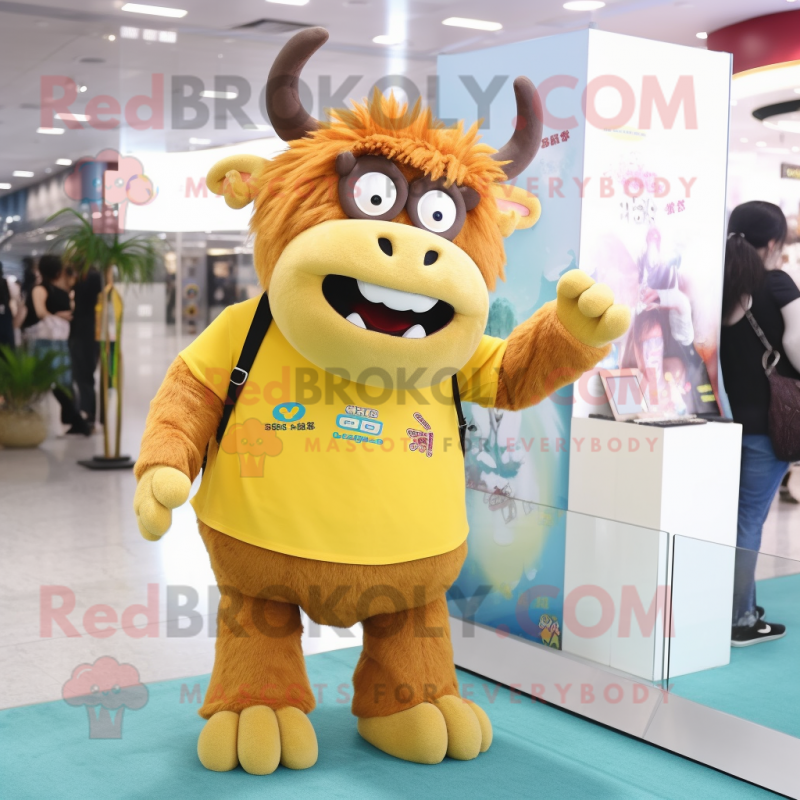 Yellow Yak mascot costume character dressed with a Mom Jeans and Eyeglasses