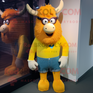 Yellow Yak mascot costume character dressed with a Mom Jeans and Eyeglasses