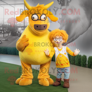 Yellow Yak mascot costume character dressed with a Mom Jeans and Eyeglasses