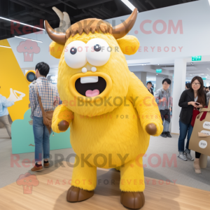 Yellow Yak mascot costume character dressed with a Mom Jeans and Eyeglasses