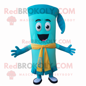 Cyan Enchiladas mascot costume character dressed with a Board Shorts and Bow ties