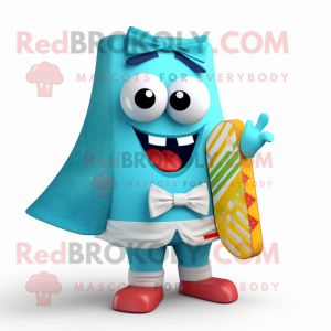 Cyan Enchiladas mascot costume character dressed with a Board Shorts and Bow ties
