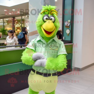 Lime Green Chicken mascot costume character dressed with a Button-Up Shirt and Bracelet watches