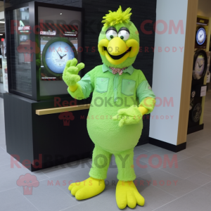 Lime Green Chicken mascot costume character dressed with a Button-Up Shirt and Bracelet watches