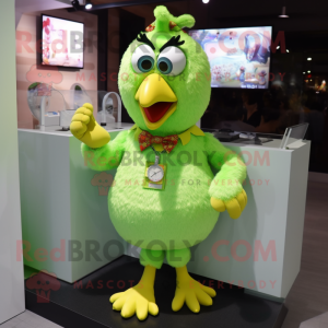 Lime Green Chicken mascot costume character dressed with a Button-Up Shirt and Bracelet watches