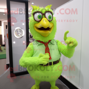 Lime Green Chicken mascot costume character dressed with a Button-Up Shirt and Bracelet watches