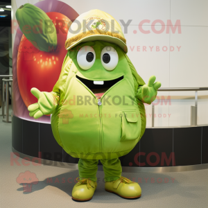 Lime Green Tomato mascot costume character dressed with a Bomber Jacket and Hats