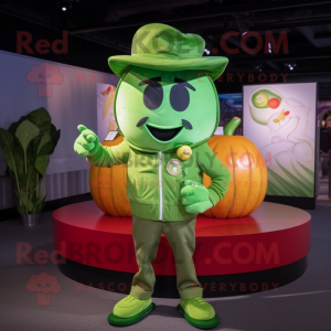 Lime Green Tomato mascot costume character dressed with a Bomber Jacket and Hats