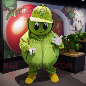 Lime Green Tomato mascot costume character dressed with a Bomber Jacket and Hats
