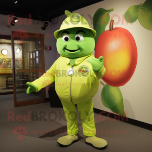 Lime Green Tomato mascot costume character dressed with a Bomber Jacket and Hats