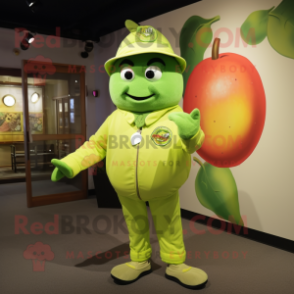 Lime Green Tomato mascot costume character dressed with a Bomber Jacket and Hats
