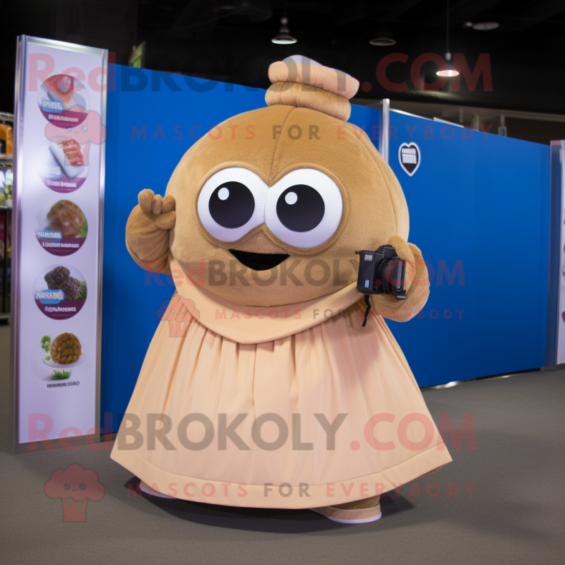 Tan Camera mascot costume character dressed with a Ball Gown and Backpacks